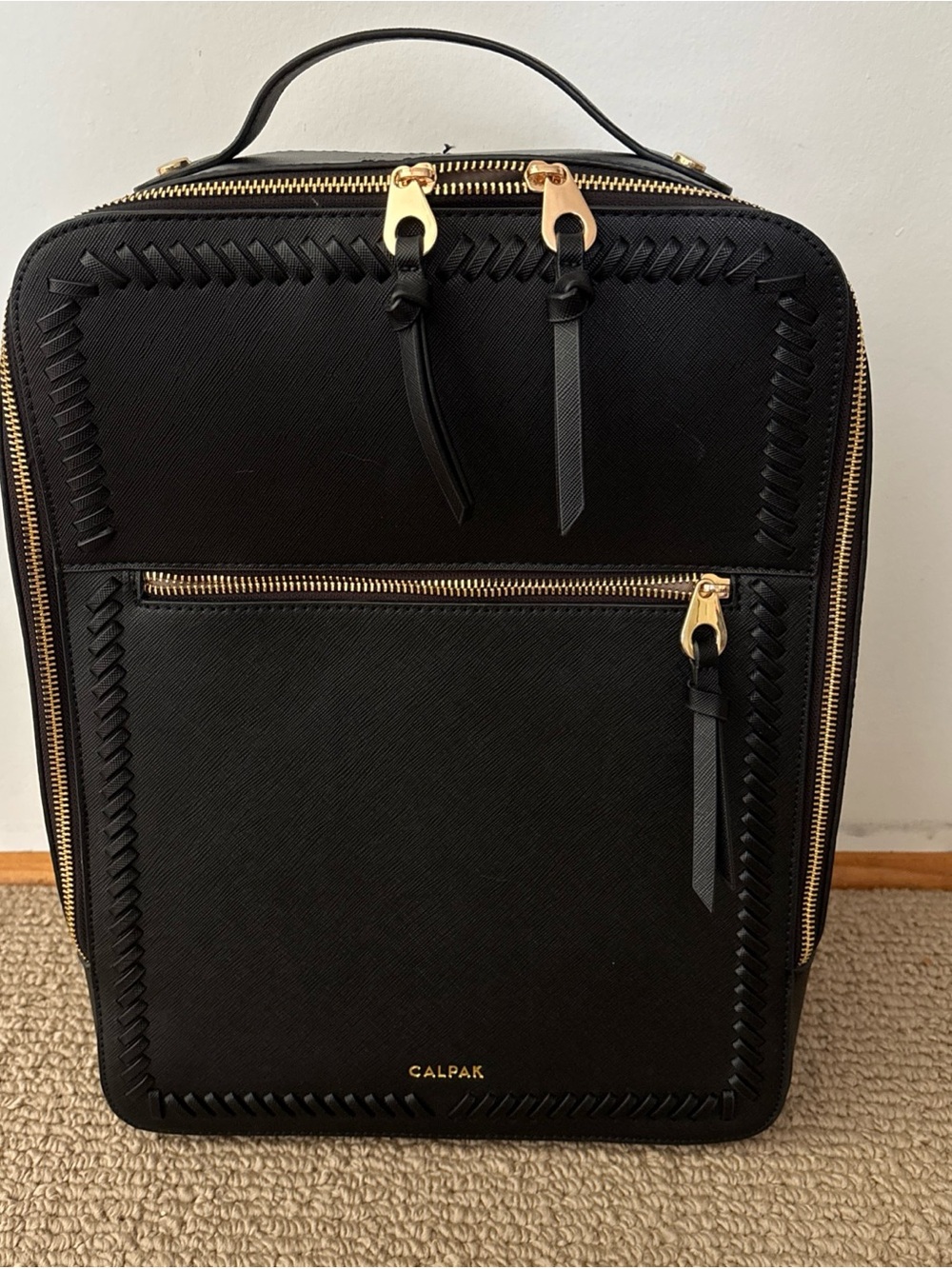CALPAK Kaya black faux leather laptop 15” whipstitch trim travel EUC